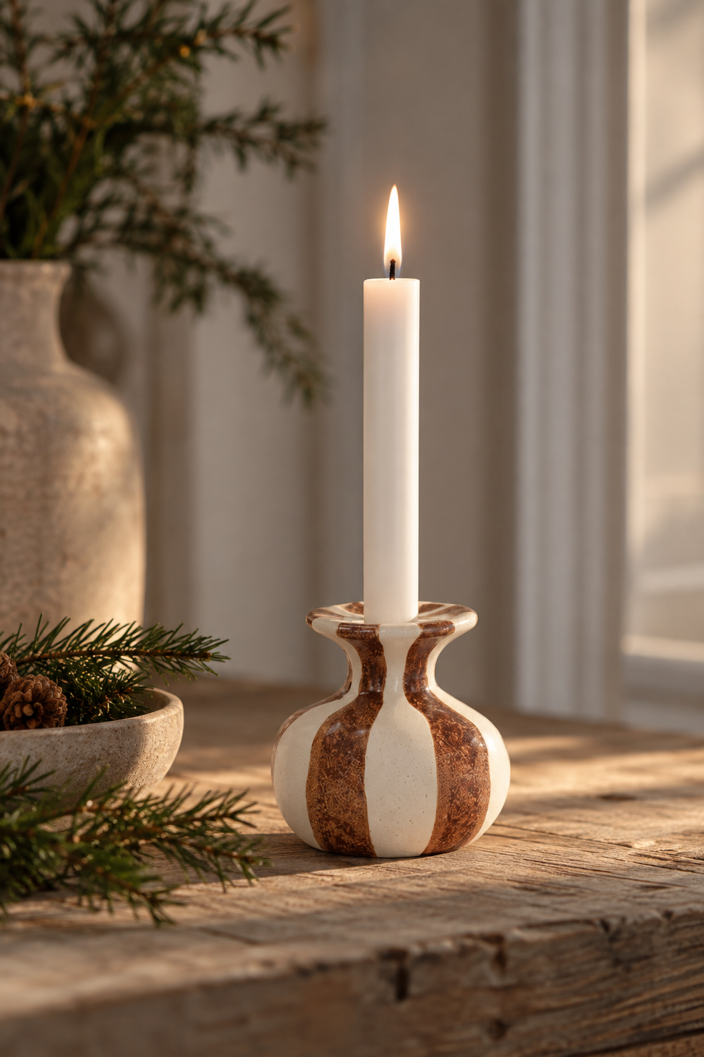 Candlestick Striped - Ceramic - Stoneware - White/Light Brown - 2