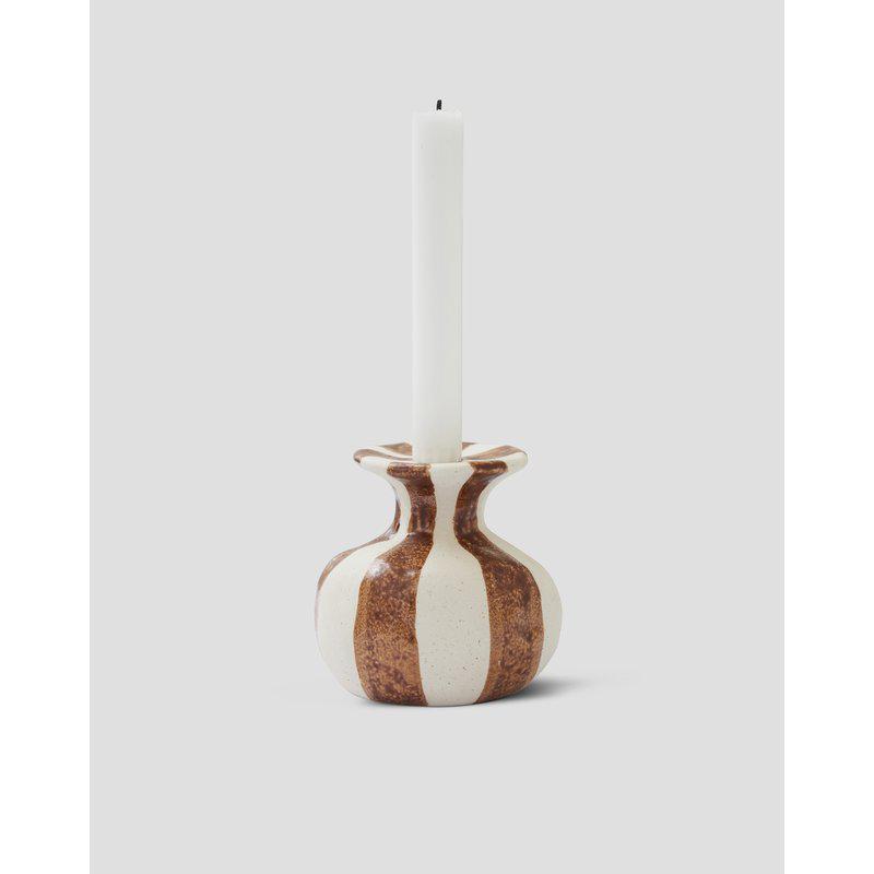 Candlestick Striped - Ceramic - Stoneware - White/Light Brown - 6