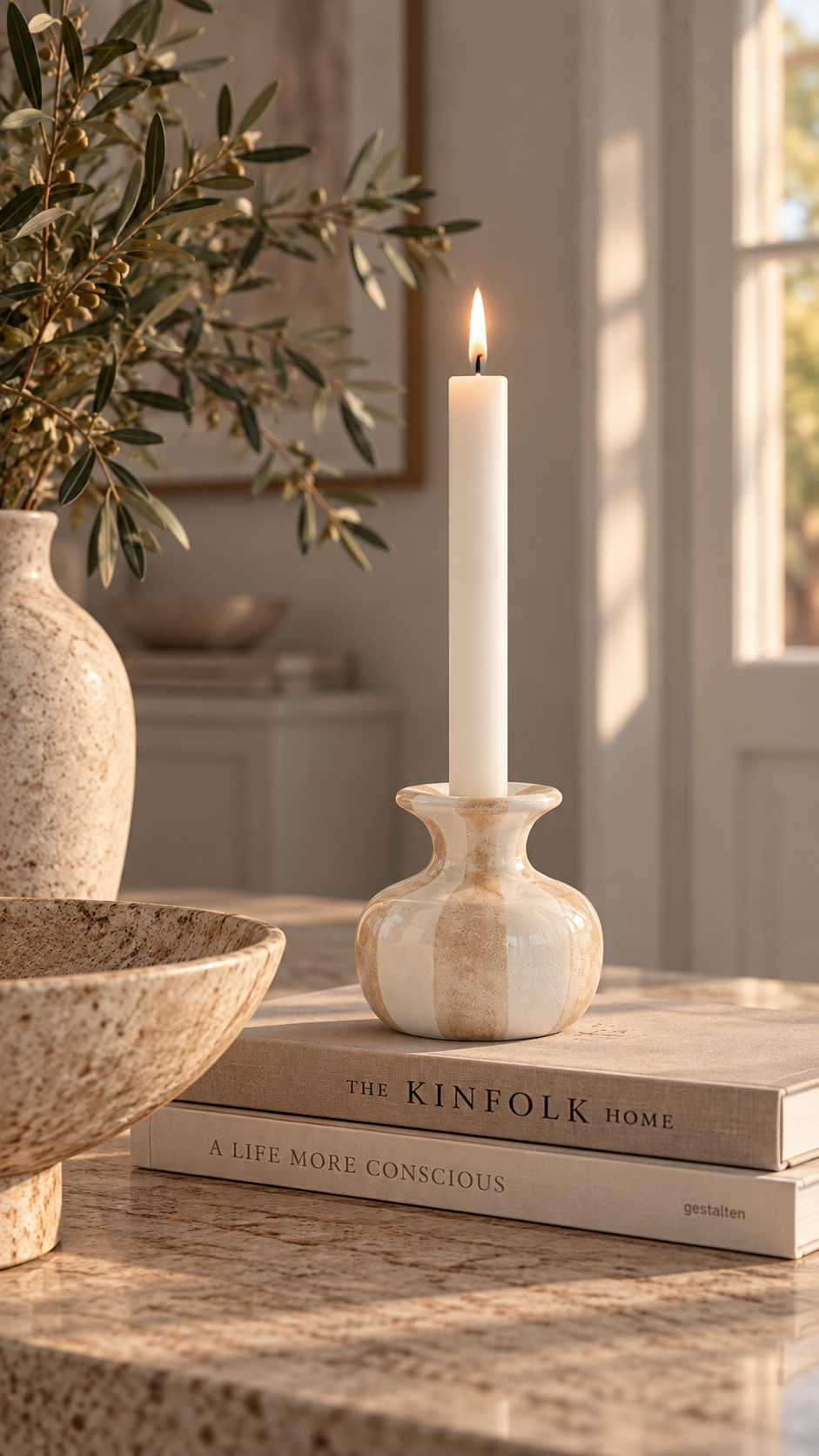 Candlestick Striped - Ceramic - Stoneware - White/Beige