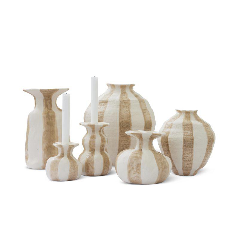 Candlestick Striped - Ceramic - Stoneware - White/Beige - 8