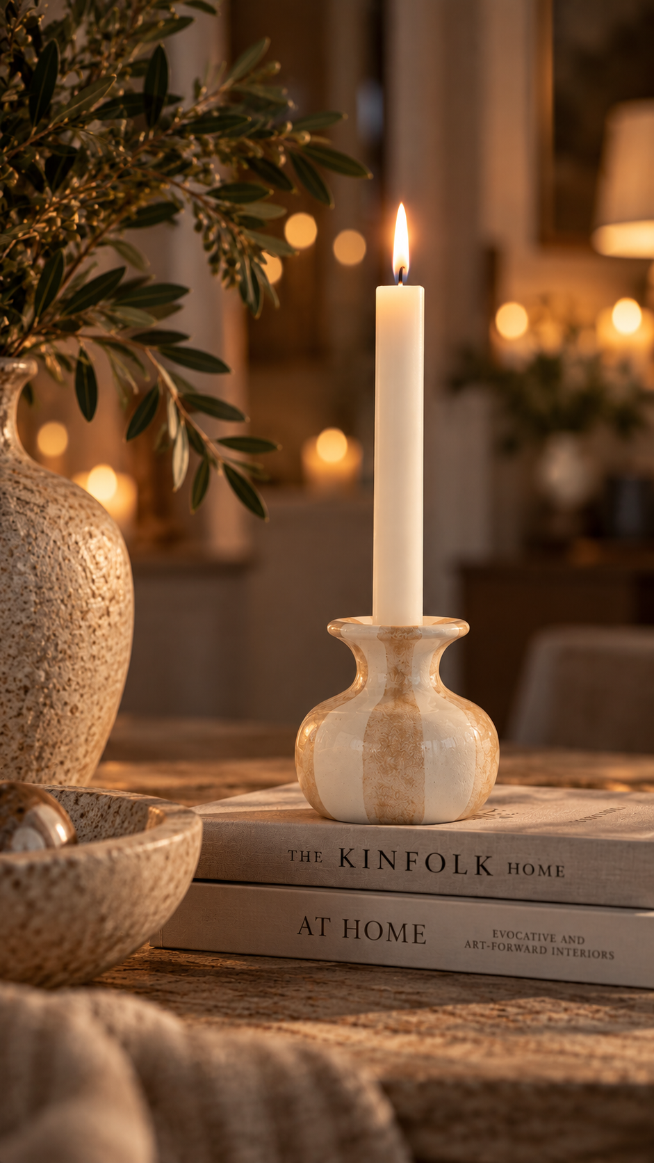 Candlestick Striped - Ceramic - Stoneware - White/Beige - 2