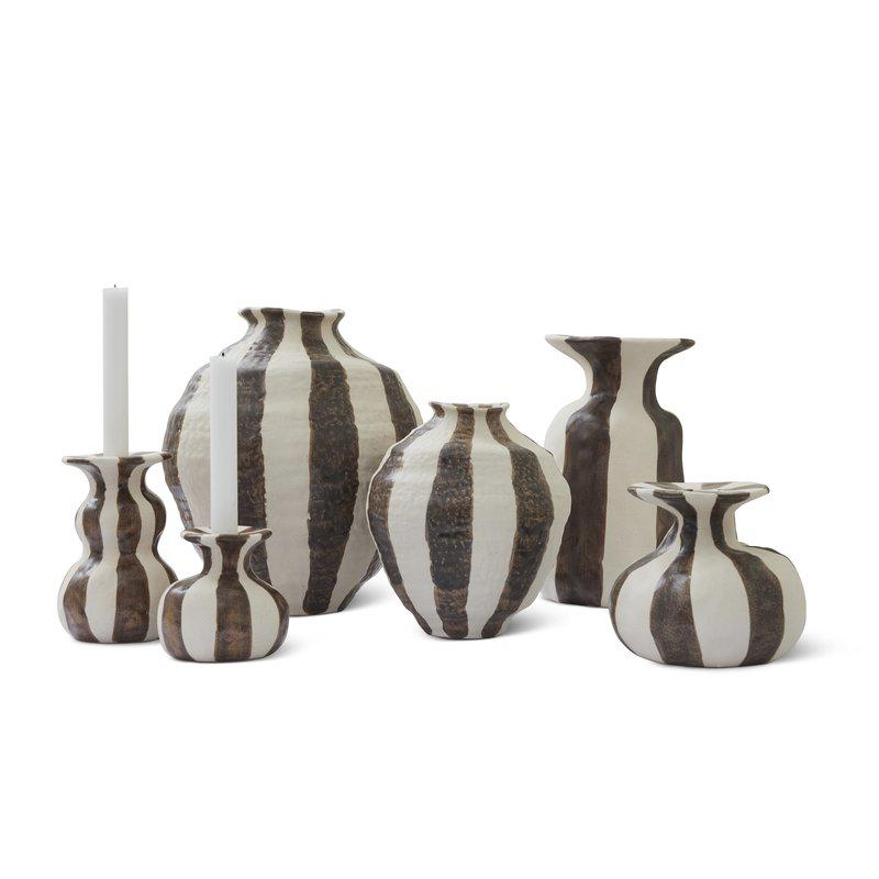 Candlestick Striped - Ceramic - Stoneware - White/Brown - 8