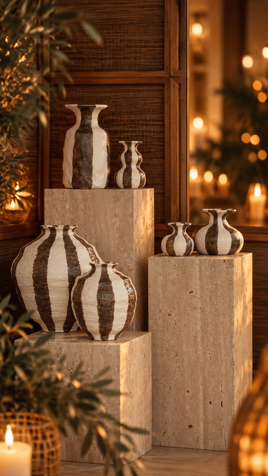 Candlestick Striped - Ceramic - Stoneware - White/Brown - 2