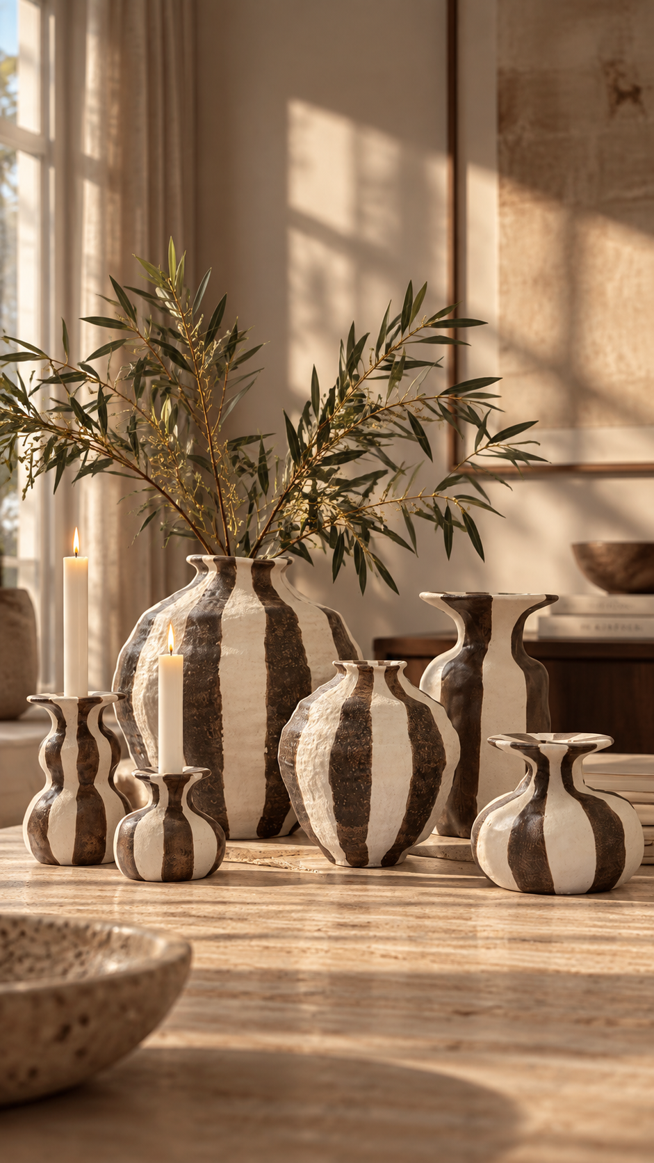 Candlestick Striped - Ceramic - Stoneware - White/Brown - 4
