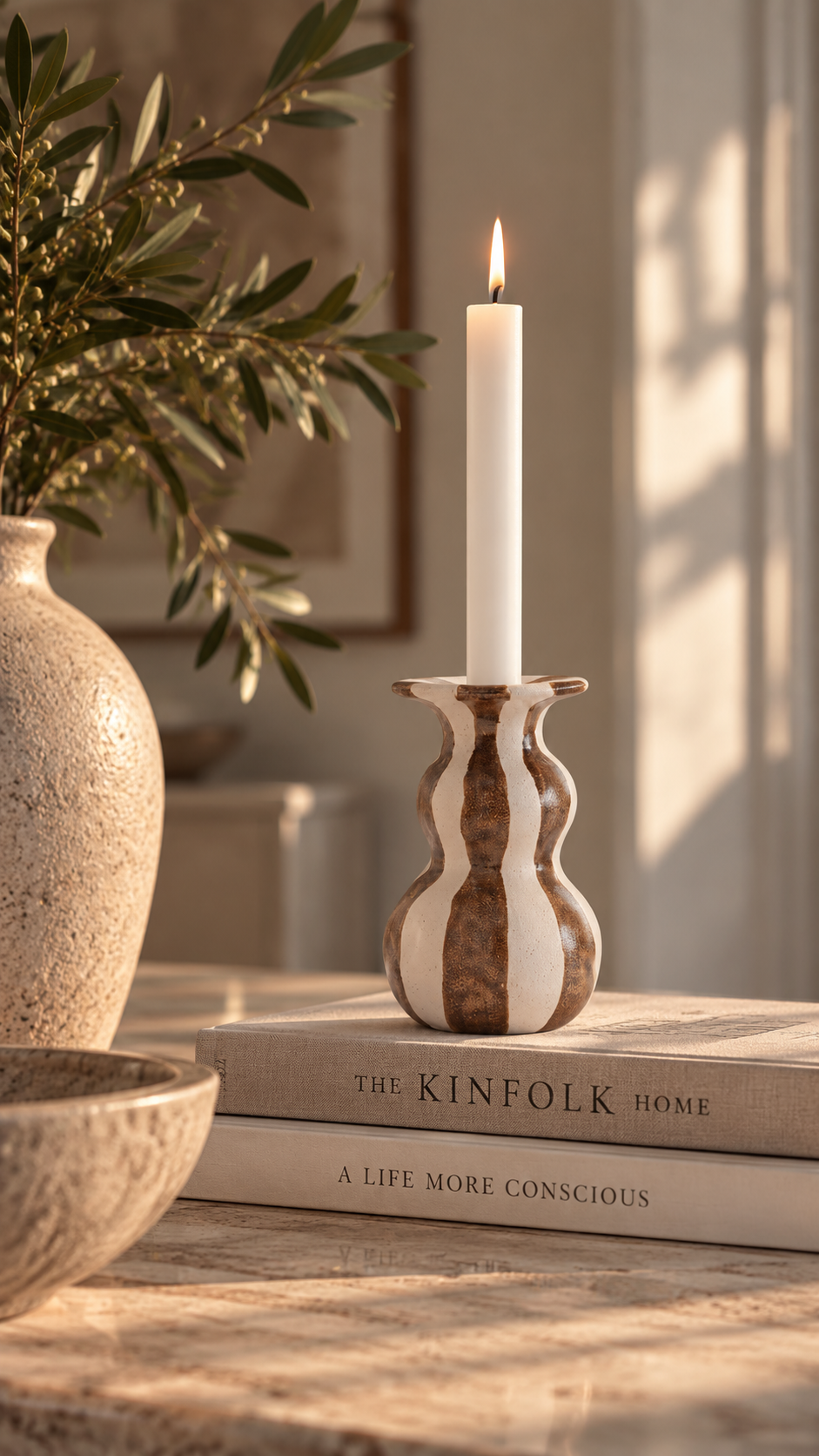 Candlestick Striped - Ceramic - Stoneware - White/Brown