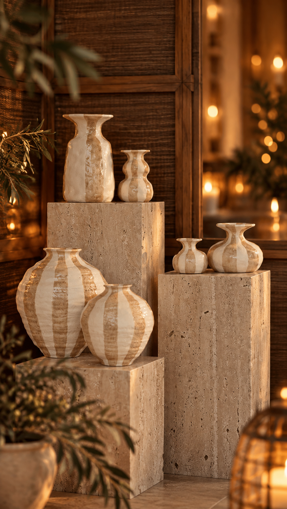 Candlestick Striped - Ceramic - Stoneware - White/Beige - 10