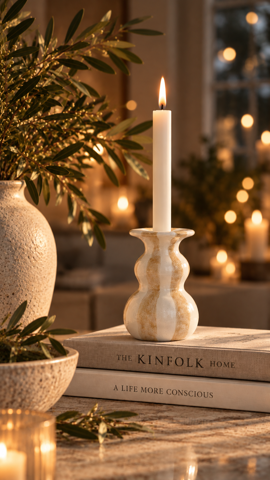 Candlestick Striped - Ceramic - Stoneware - White/Beige - 8
