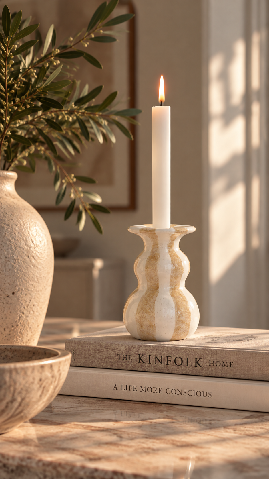Candlestick Striped - Ceramic - Stoneware - White/Beige