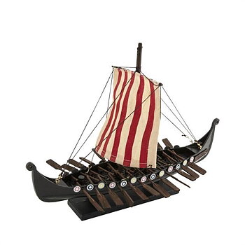 Vikingskepp med åror och randigt segel, L: 37 cm