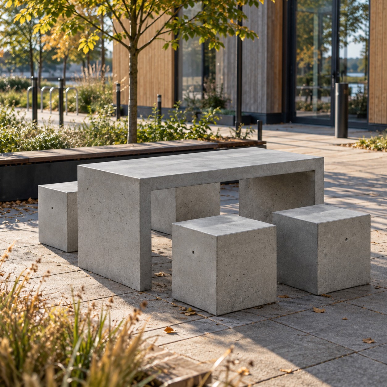 Parkmöbelset - Ett Betongbord Humle, fyra Betongkuber - Längd 160 cm