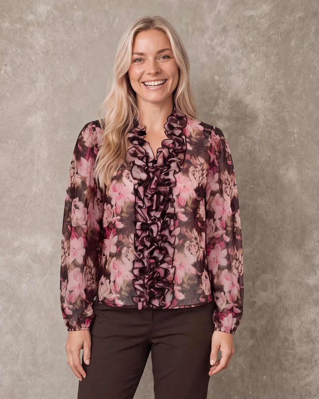 Blus Vibse med volang blommig rosa/brun - 2