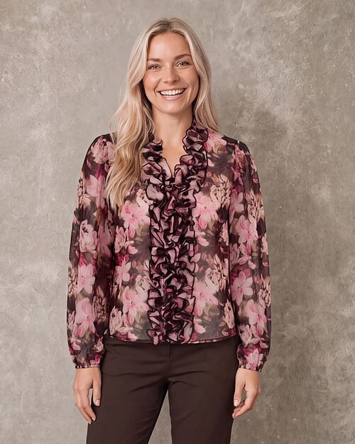 Blus Vibse med volang blommig rosa/brun - 2