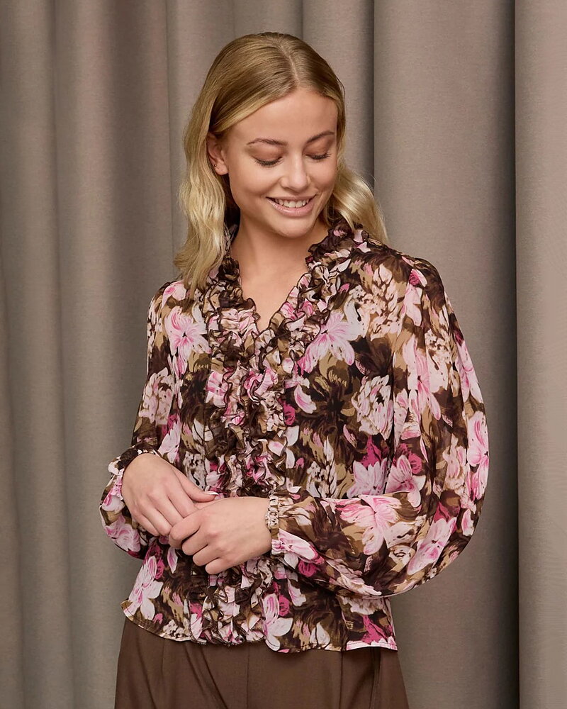 Blus Vibse med volang blommig rosa/brun