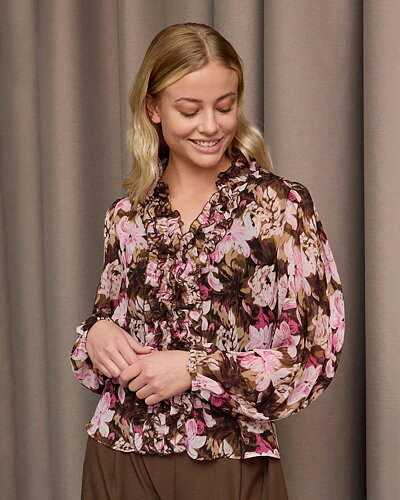 Blus Vibse med volang blommig rosa/brun