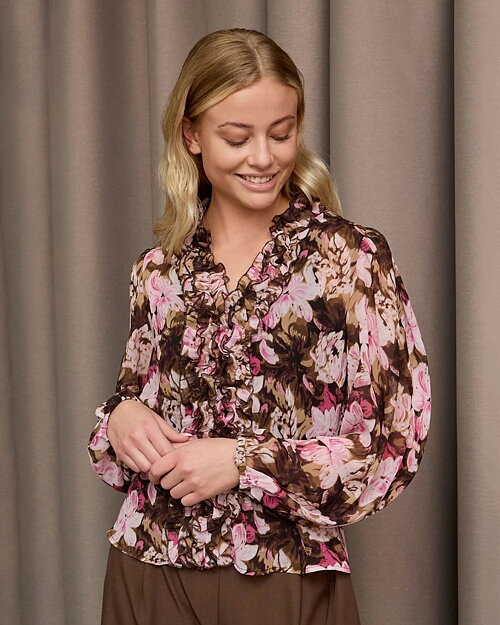Blus Vibse med volang blommig rosa/brun