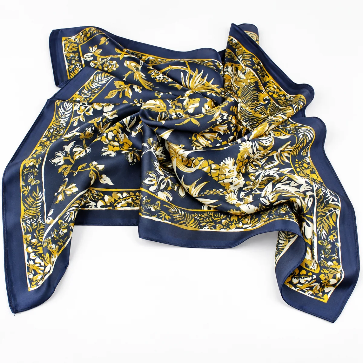 Mönstrad Kvadratisk  Sidenscarf i Marinblått och Guld - 4