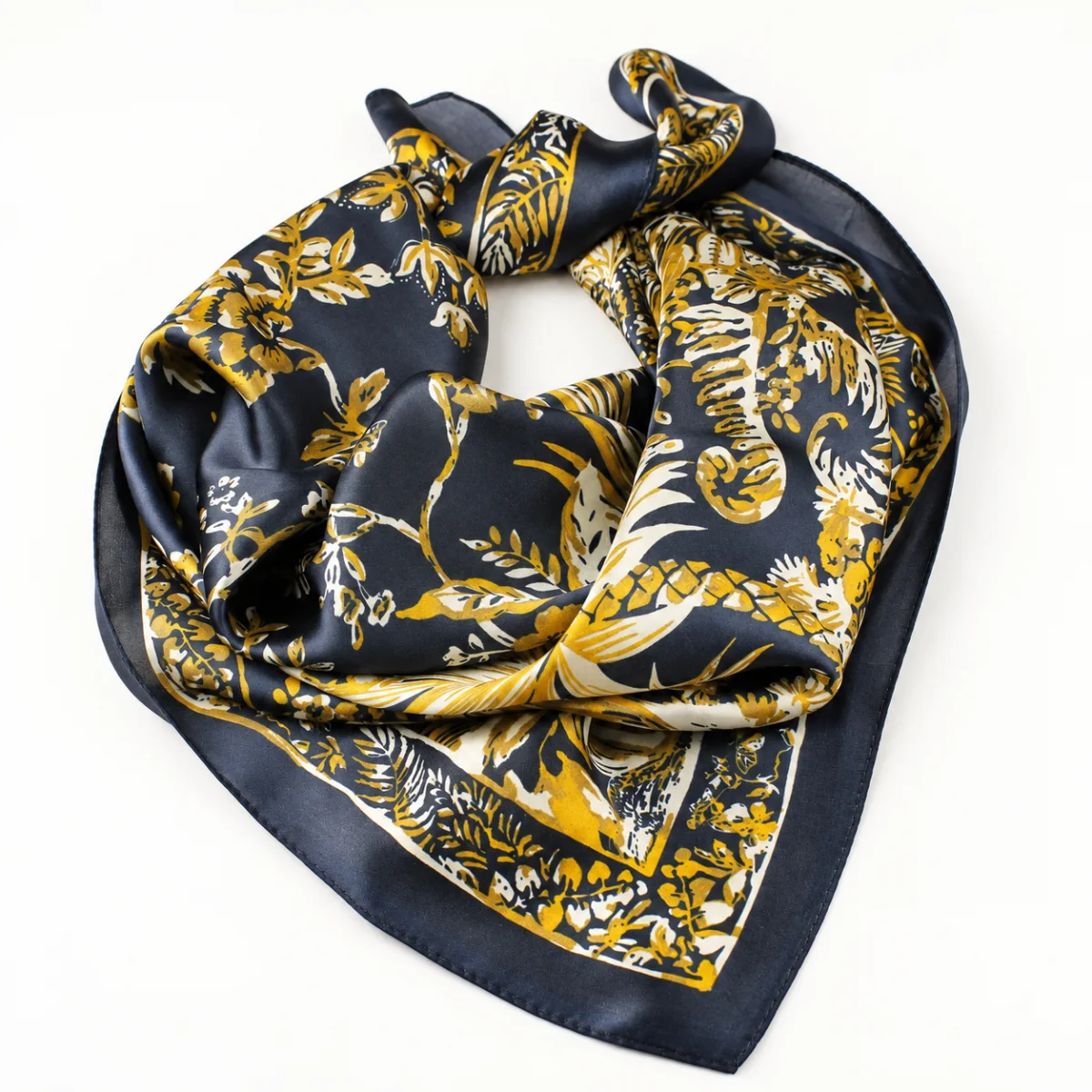 Mönstrad Kvadratisk  Sidenscarf i Marinblått och Guld - 3