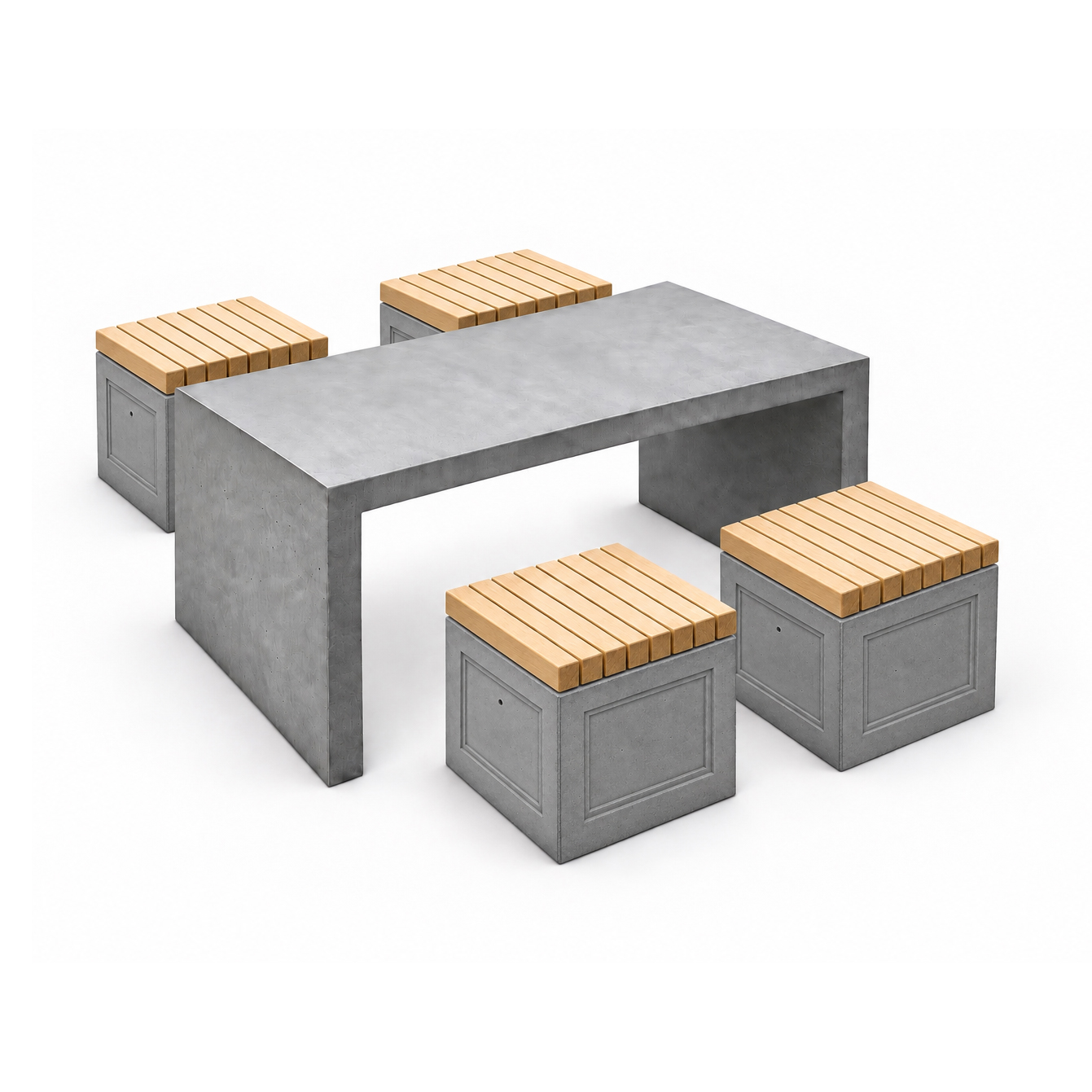 Parkmöbelset - Ett Betongbord Humle, fyra Klassiska Betongkuber Träyta - Längd 160 cm - 2