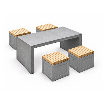Parkmöbelset - Ett Betongbord Humle, fyra Klassiska Betongkuber Träyta - Längd 160 cm