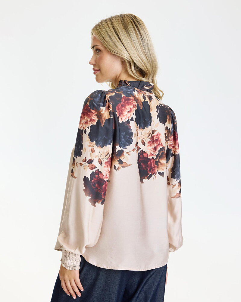 Blus Freecia ståkrage blommig vinröd/beige