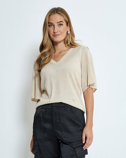 Topp Kayla v-ringad beige glittrig