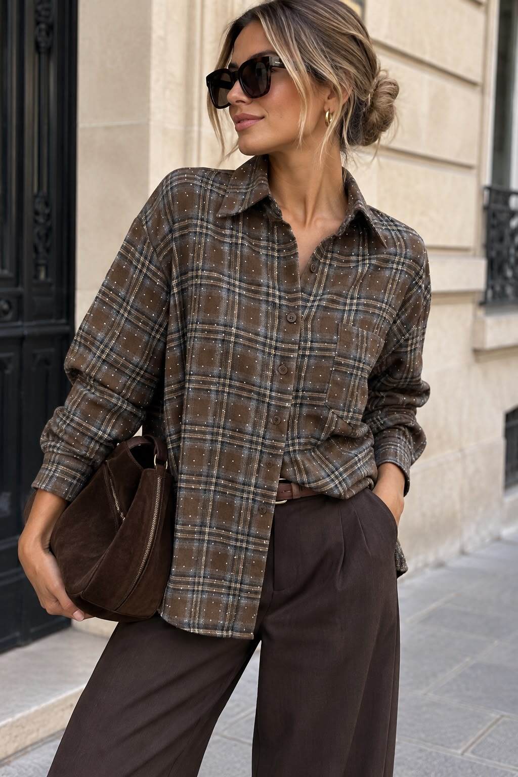 Shirt check with rhinestones brown - 2
