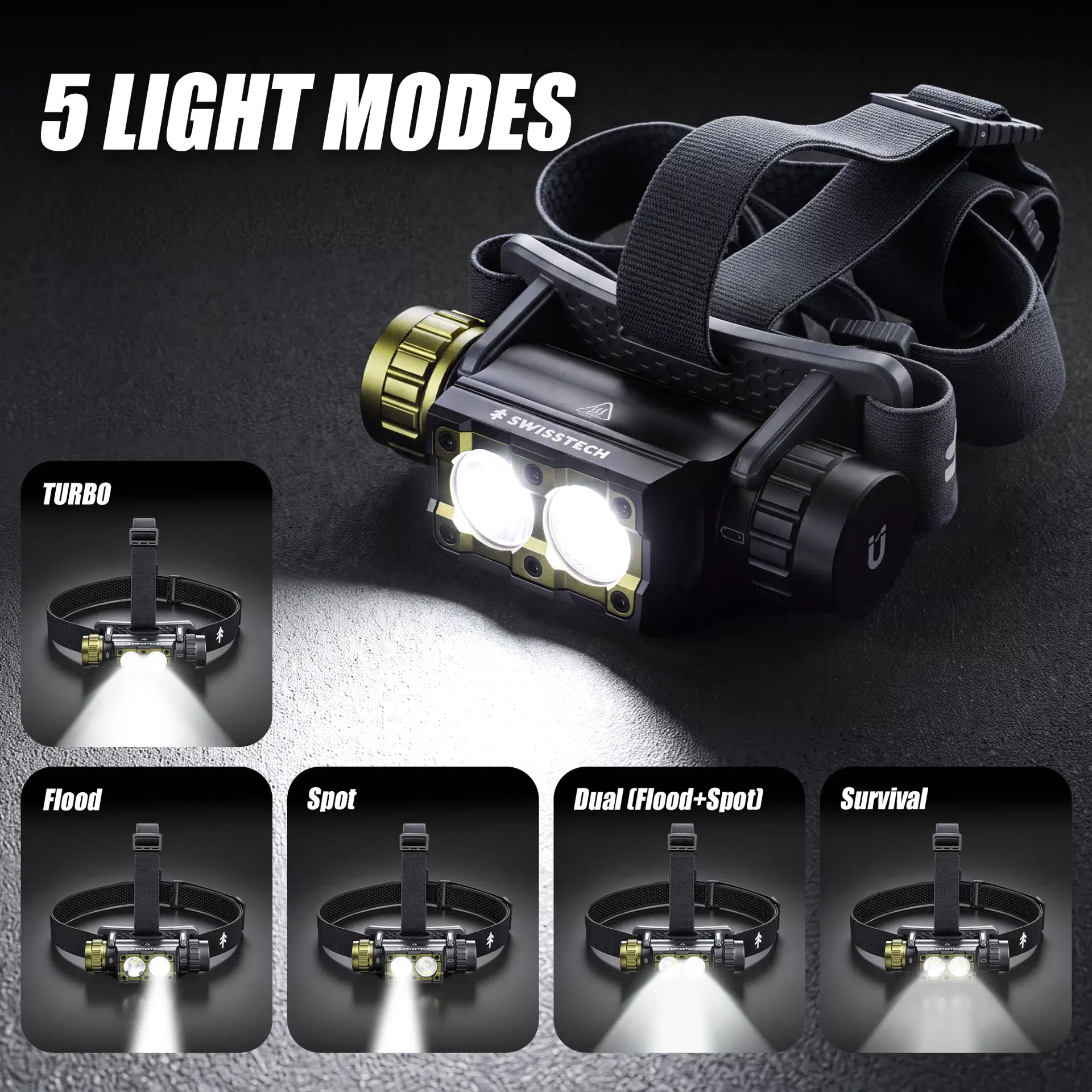 SwissTech Starke 30 hodelykt, 3000 lumen, oppladbar - 3