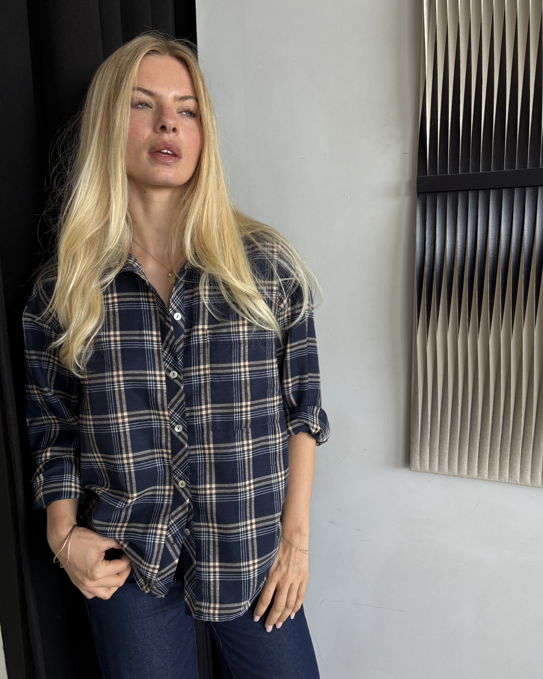 Flanellskjorta Alice rutig beige/blå
