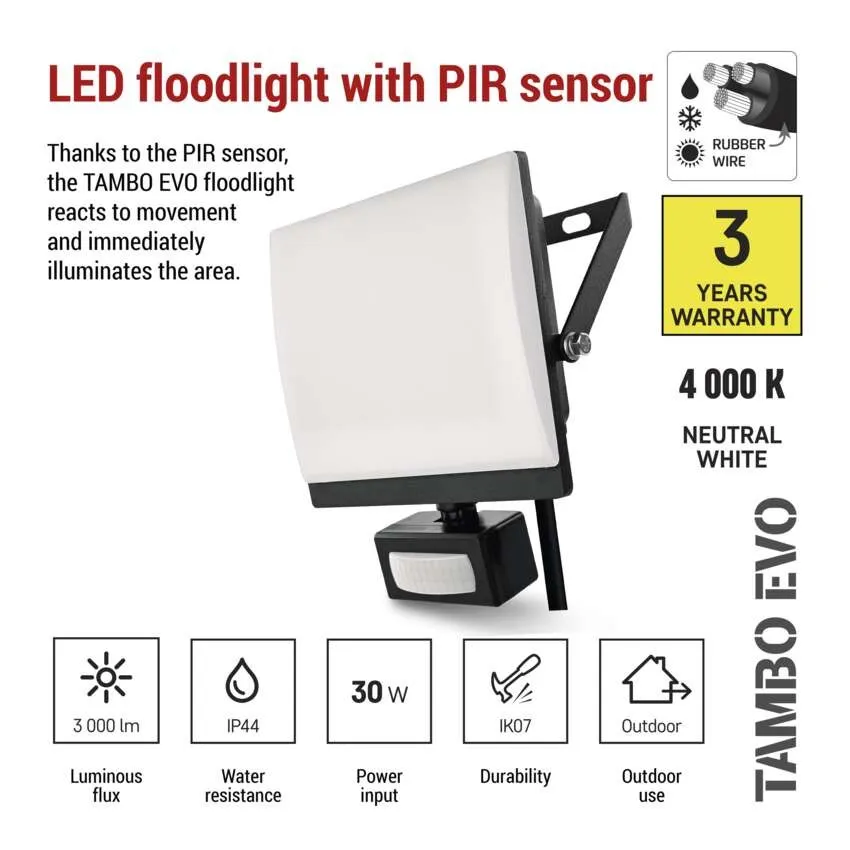 EMOS Strålkastare TAMBO EVO, 30W, 3000lm - Sensor - 8