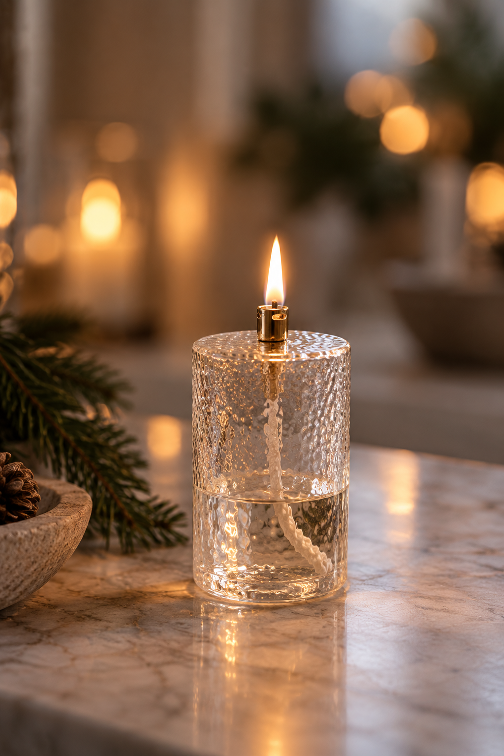 Hammered glass oil lamp – Straight – Brass – 14 cm