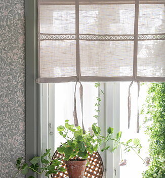 Hissgardin linne-beige spets knytband shabby chic lantlig stil