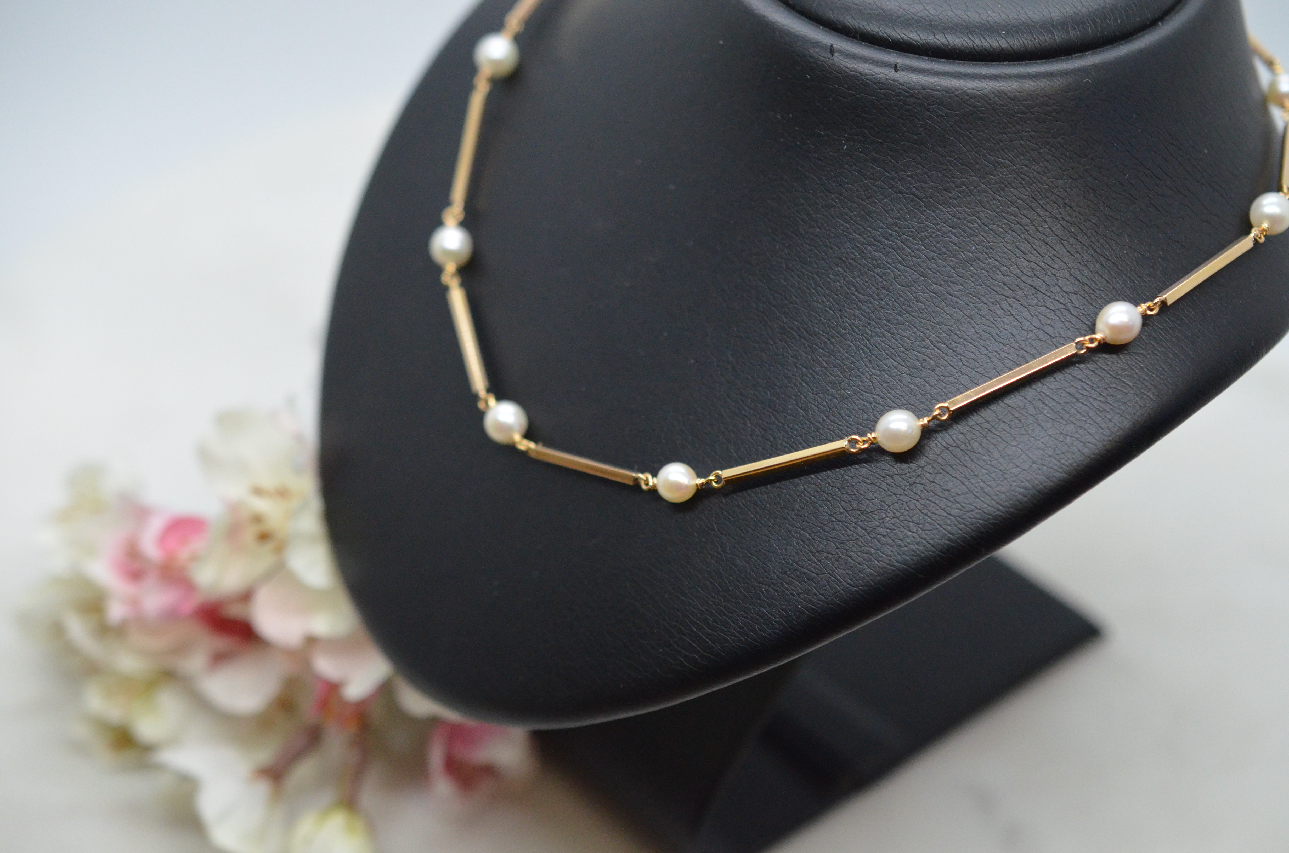 Vintage 18k halsband med stav och sötvattenpärlor - 2