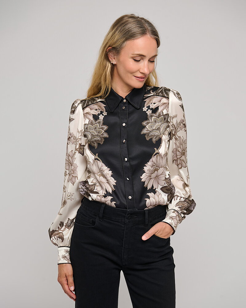 Sidenblus Umas beige/grön blommig svart