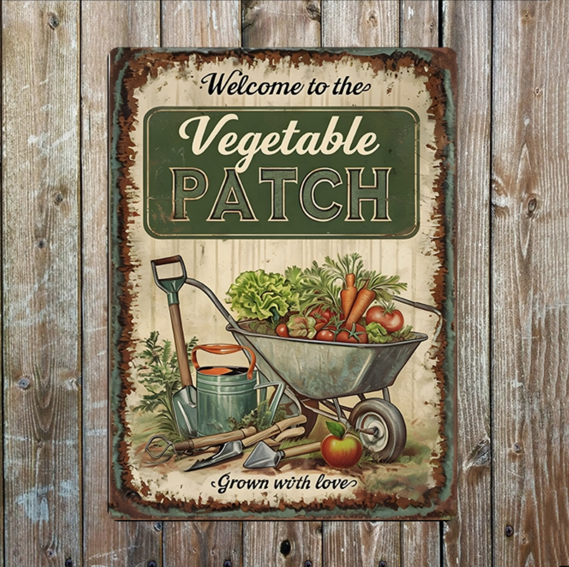 Metallskylt i vintagestil – Welcome to the Vegetable Patch  20x25cm