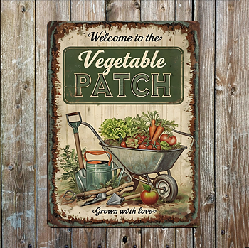 Metallskylt i vintagestil – Welcome to the Vegetable Patch  20x25cm