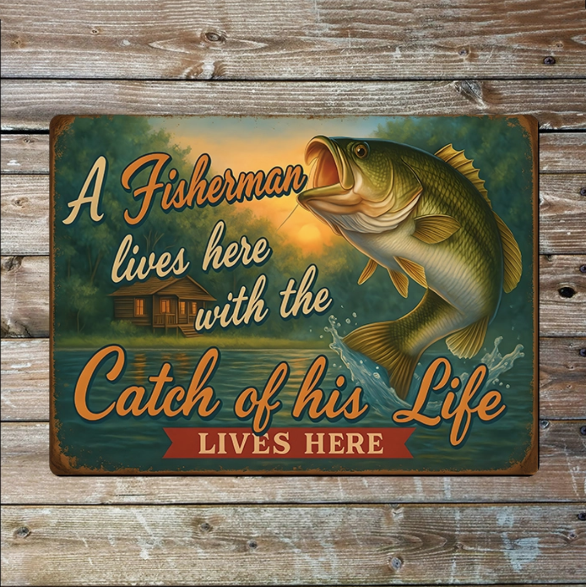 Metallskylt i vintagestil – A Fisherman Lives Here 20x25cm