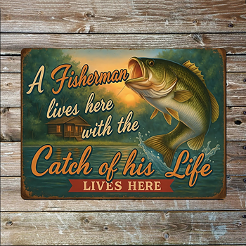Metallskylt i vintagestil – A Fisherman Lives Here 20x25cm