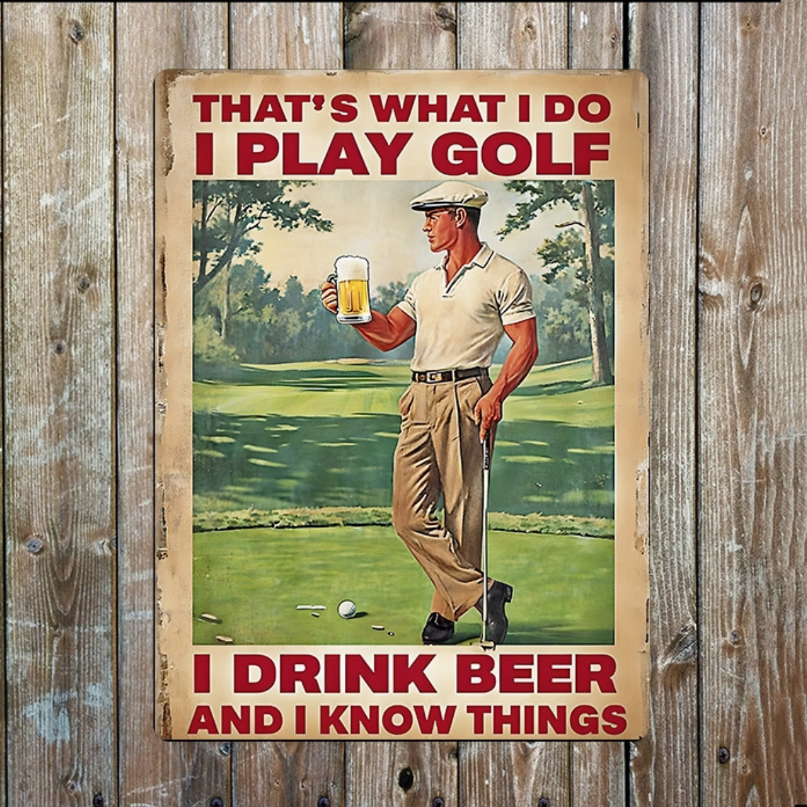 Metallskylt i vintagestil – I Play Golf, I Drink Beer 20x25cm