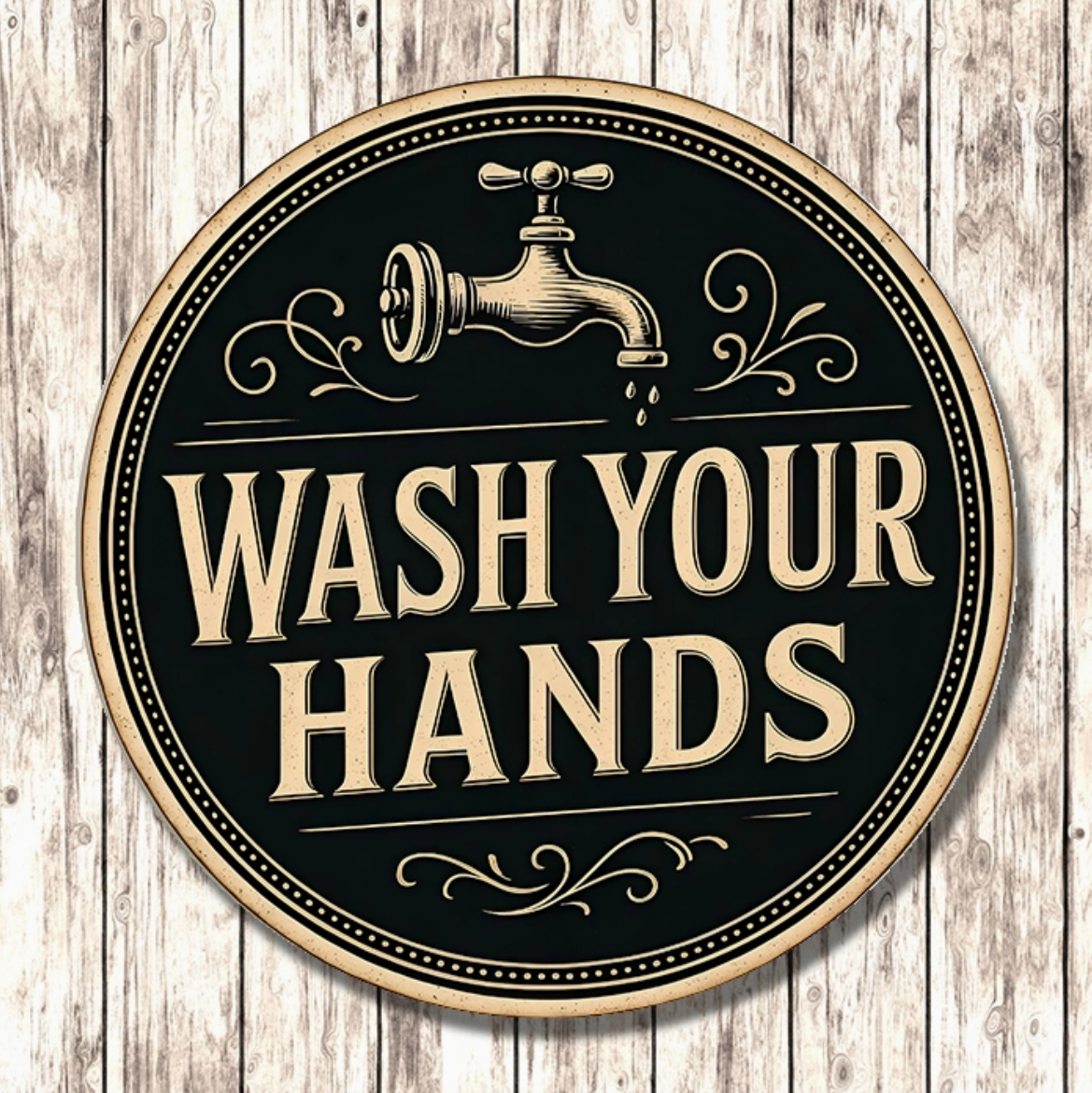 Metallskylt i vintagestil – Wash Your Hands Ø:15cm