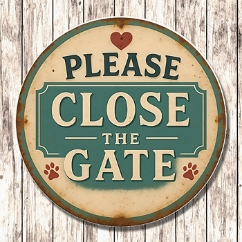 Metallskylt i vintagestil – Please Close The Gate Ø:7,5cm