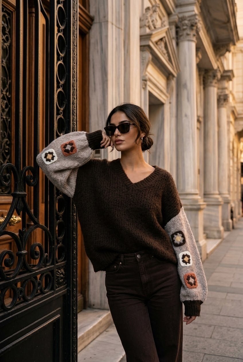 Knitted sweater brown embroidery - 5
