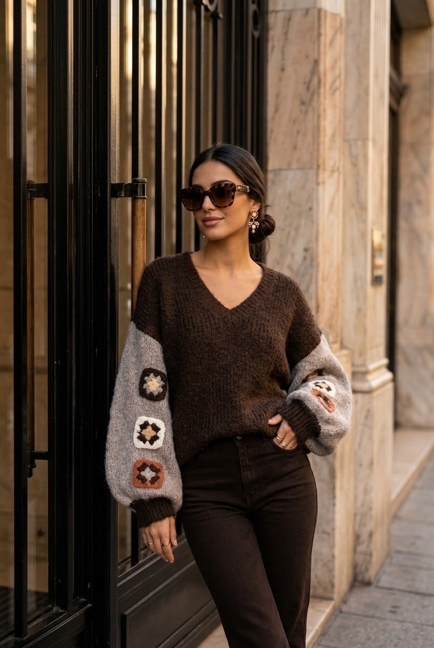 Knitted sweater brown embroidery - 2