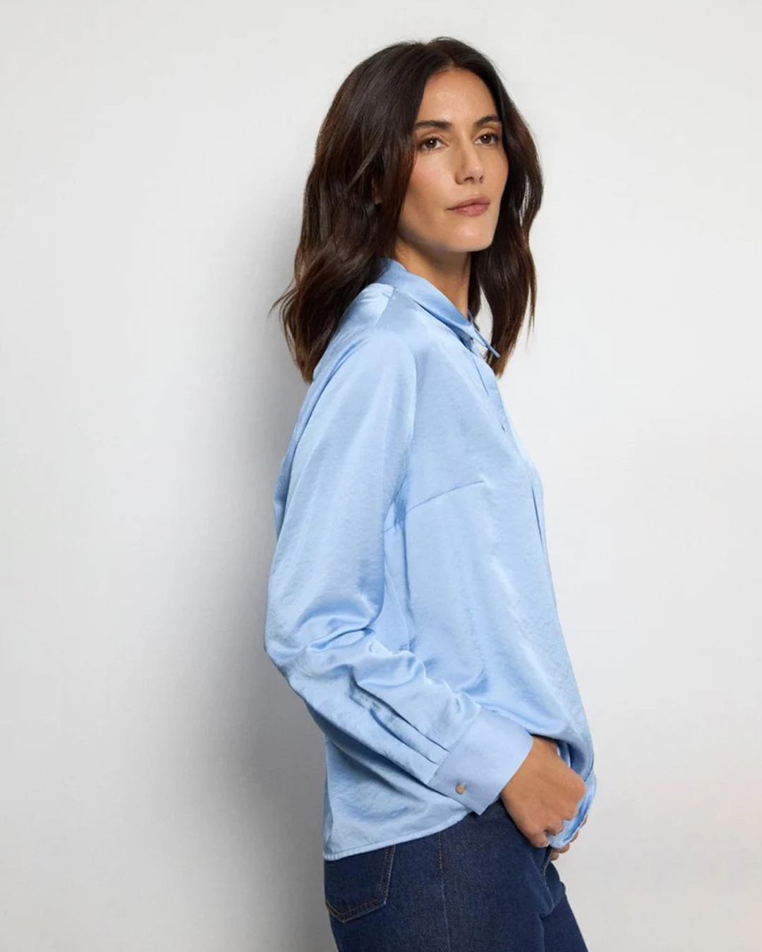 Blus Olalla krage en knapp ljusblå - 2