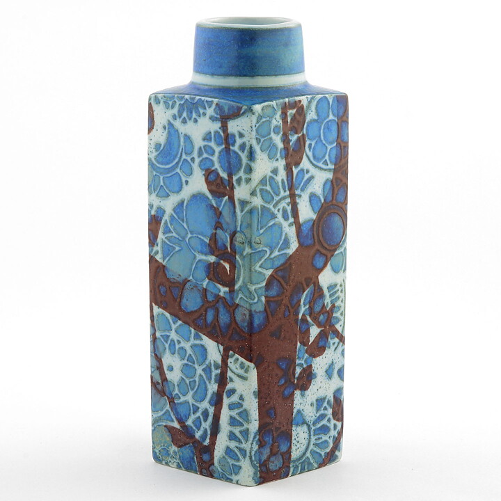 Johanne Gerber (Baca 1960s) Block Vase with Blue and Brown Flower Decor 20 cm #780-3455