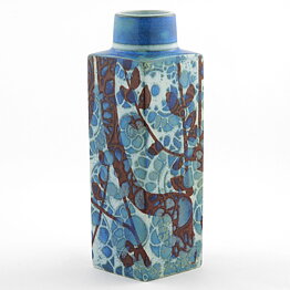 Johanne Gerber (Baca 1960s) Block Vase with Blue and Brown Flower Decor 20 cm #780-3455