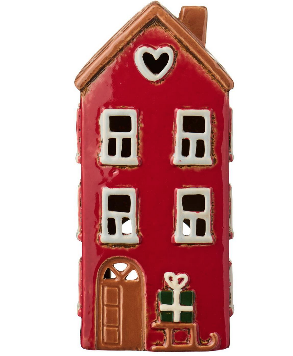 Ljuslykta i stengods –Rött Avlångt Hus med Släde och Paket H20,3cm - 2