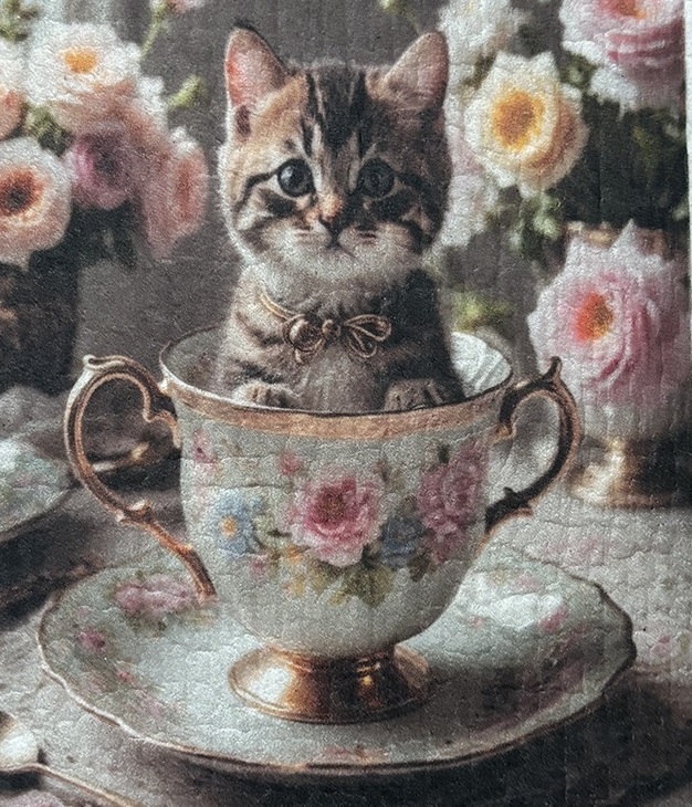 Disktrasa kattunge i kopp för kattälskare lantlig stil shabby chic