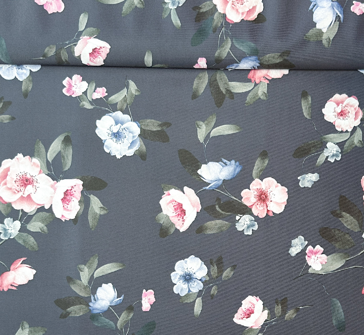 Underklädes Satin -  marinblå med ljublå och rosa blommor