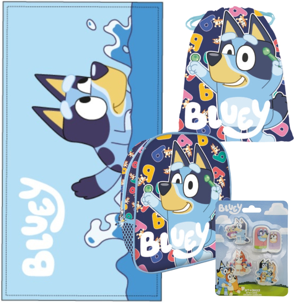 Bluey Set för Barn – Ryggsäck, Handduk, Gympapåse och 4-suddgummin