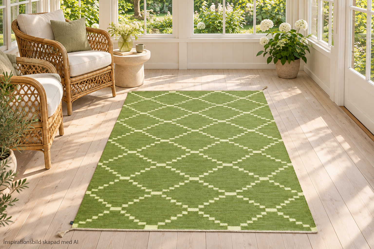 Röllakan Östanå New Light Green från Axeco på en ljus veranda med stora fönster och lantlig stil